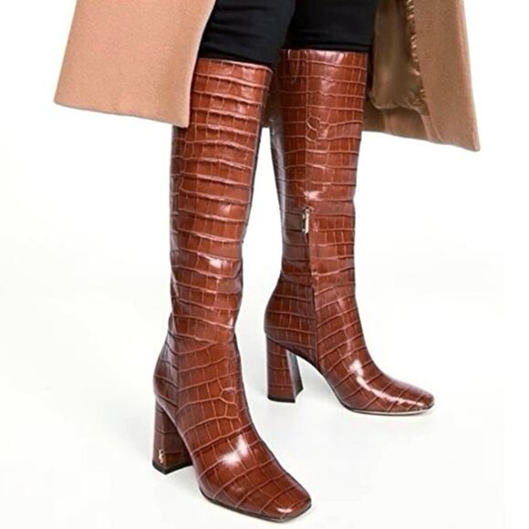 NEW SAM EDELMAN Clarem Leather Croc Embossed High Block Heeled Tall Boots SZ 6.5 - Picture 1 of 13